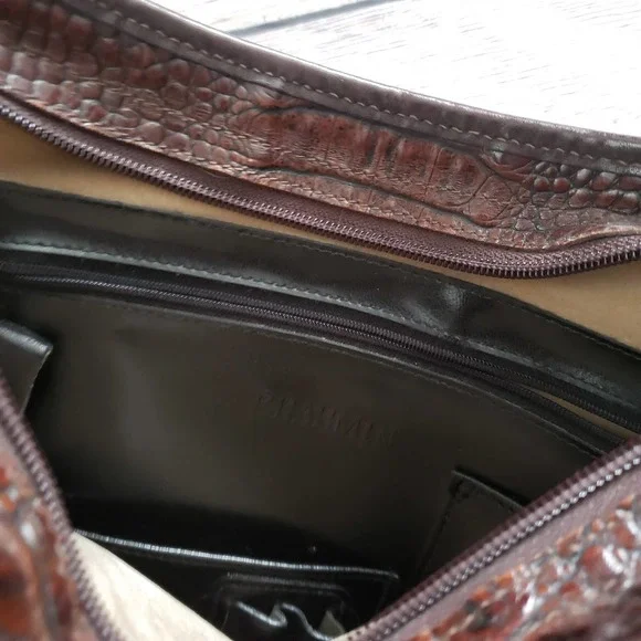 BRAHMIN Black Leather Brown Pecan Croc Embossed Vintage Handbag